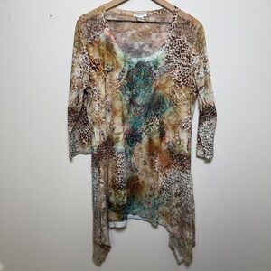 Feratelli Women Tunic Top XL Lace Sheer Paisley Leopard Print Embellished Sequin